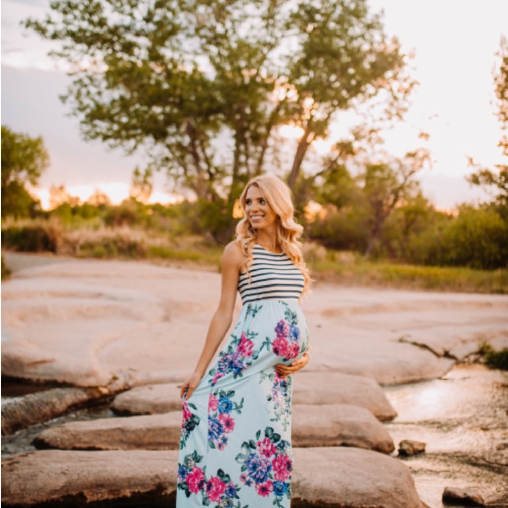 Floral Maternity Maxi Dress with Stripes